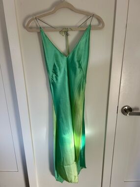 Green Ombre Satin Slip Midi Dress